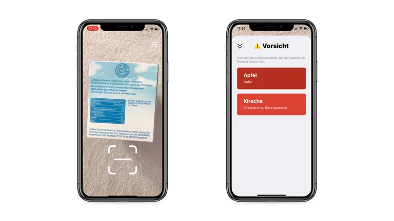 The scanner reading an ingredient list, then a warning that lists the matching keywords