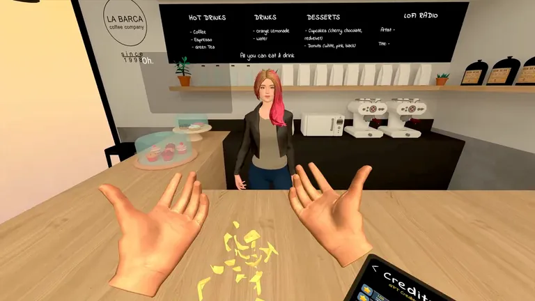 Rosa waits behind the counter of the La Barca coffee shop as the player gestures