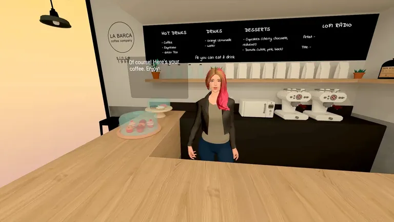 Rosa serves a coffee and says: Of course! Here's your coffee. Enjoy!