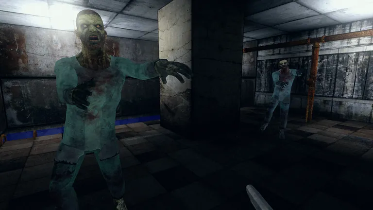Zombie patients in hospital clothes shuffle through a grimy asylum basement