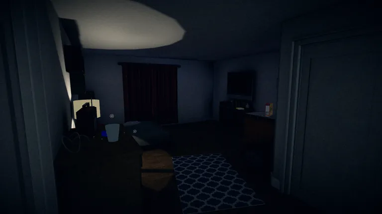 A dark bedroom lit by a flashlight beam