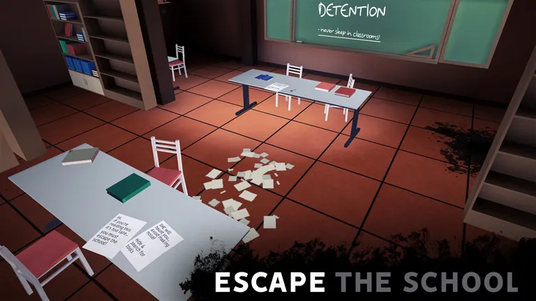A detention classroom with scattered papers and a note telling you to escape the school