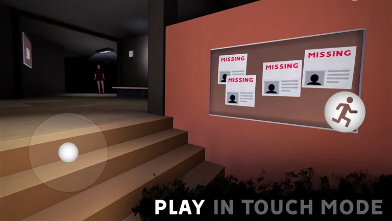 Touch controls in a hallway with missing-person posters and the teacher in the distance