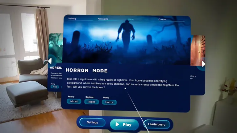 The mode menu floating in a real living room, with Horror Mode selected