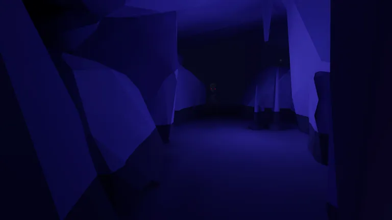 A glowing blue ice cave with a figure lurking in the distance