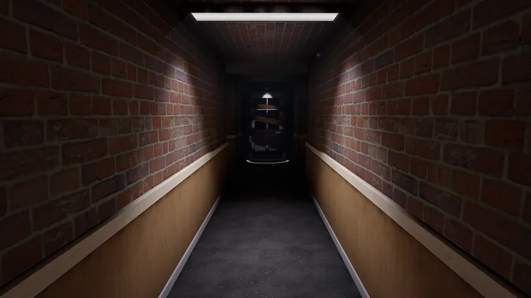 A long brick corridor ending in a boarded-up door